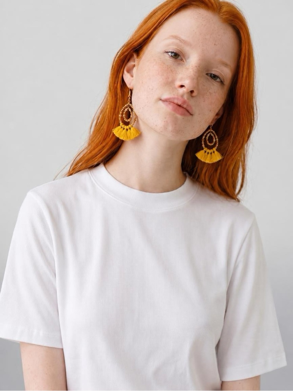 Mustard Yellow Hoop Tassel Earrings with Gold & White Beaded Accents.